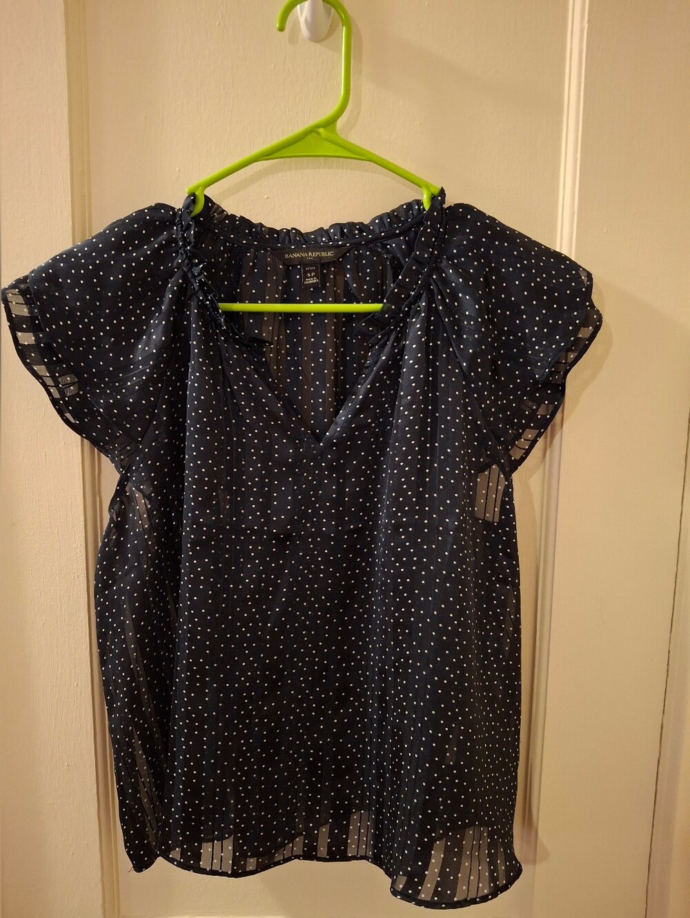Banana Republic Navy and White Polka Dot Flutter Sleeve Top